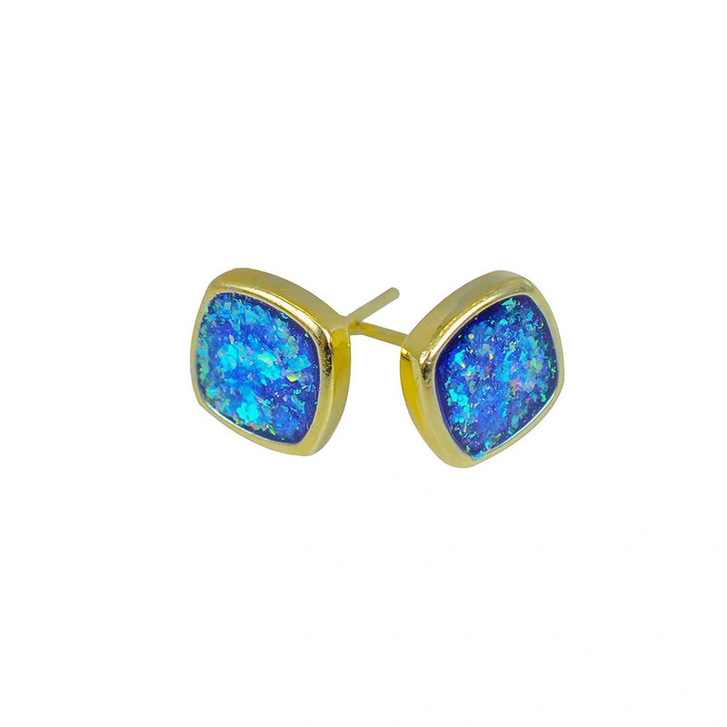 Square Blue Opal Simple Small Jewelry Natural Stone Stud Earrings