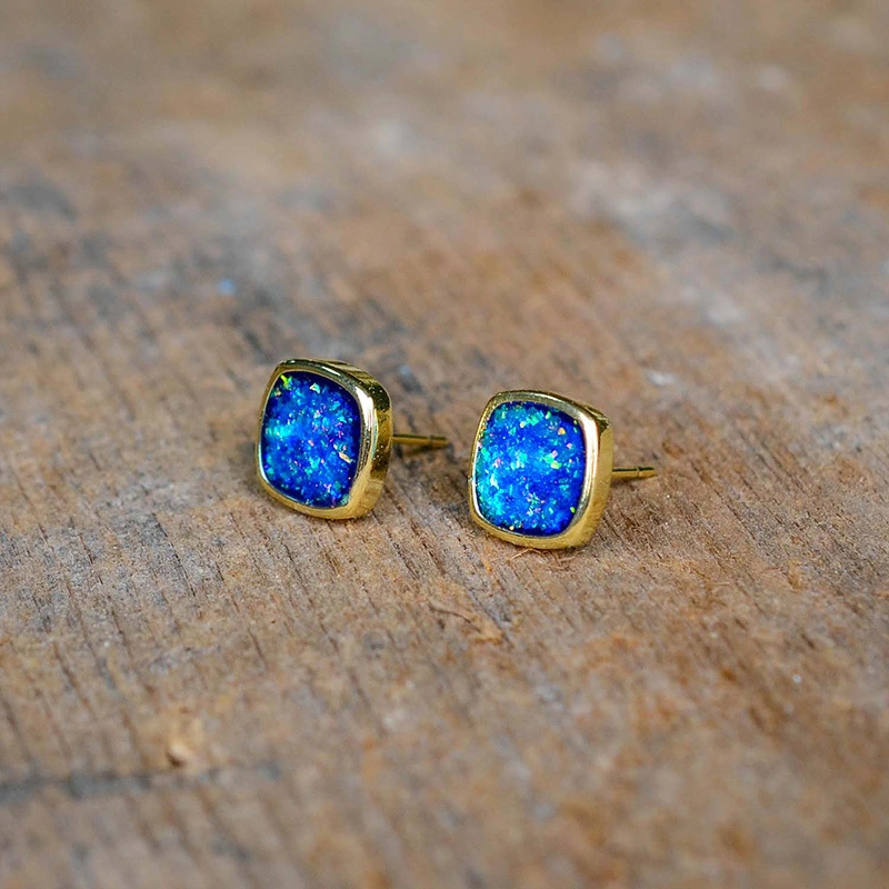 Square Blue Opal Simple Small Jewelry Natural Stone Stud Earrings