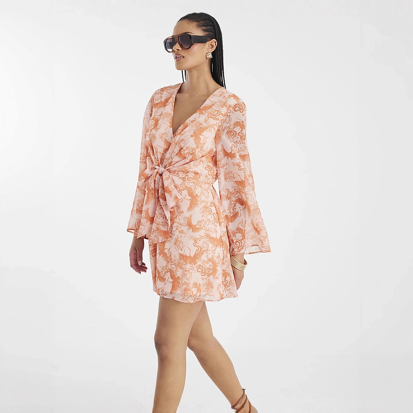 Loose-fit Lace-up V-neck Printed Womens Dress