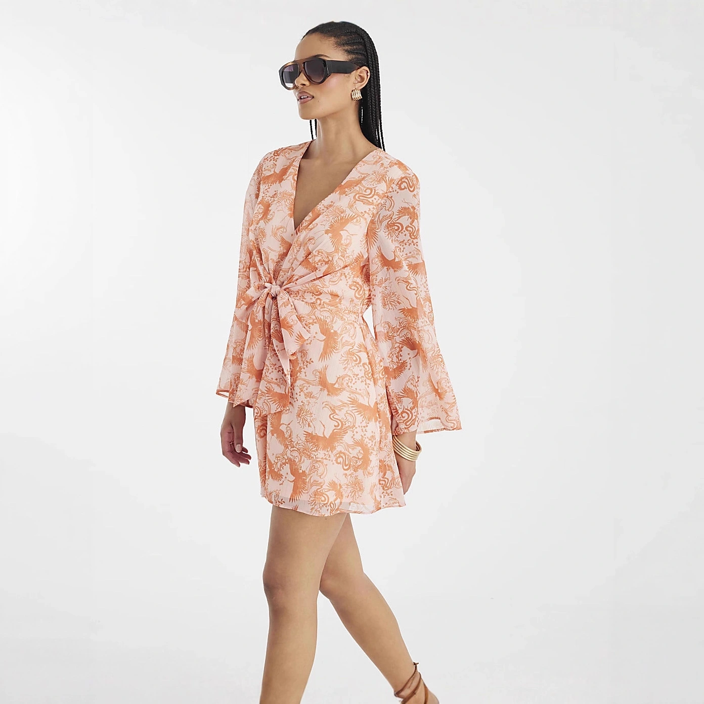 Loose-fit Lace-up V-neck Printed Womens Dress