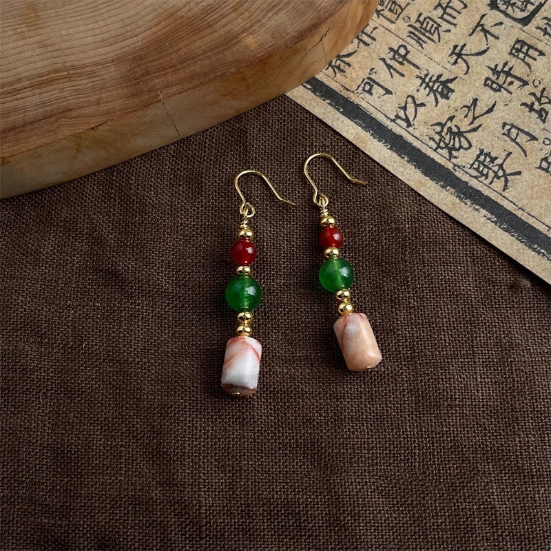 Chinese-style Handmade New Chinese-Style Contrasting Colors Natural Stone Beaded Earrings