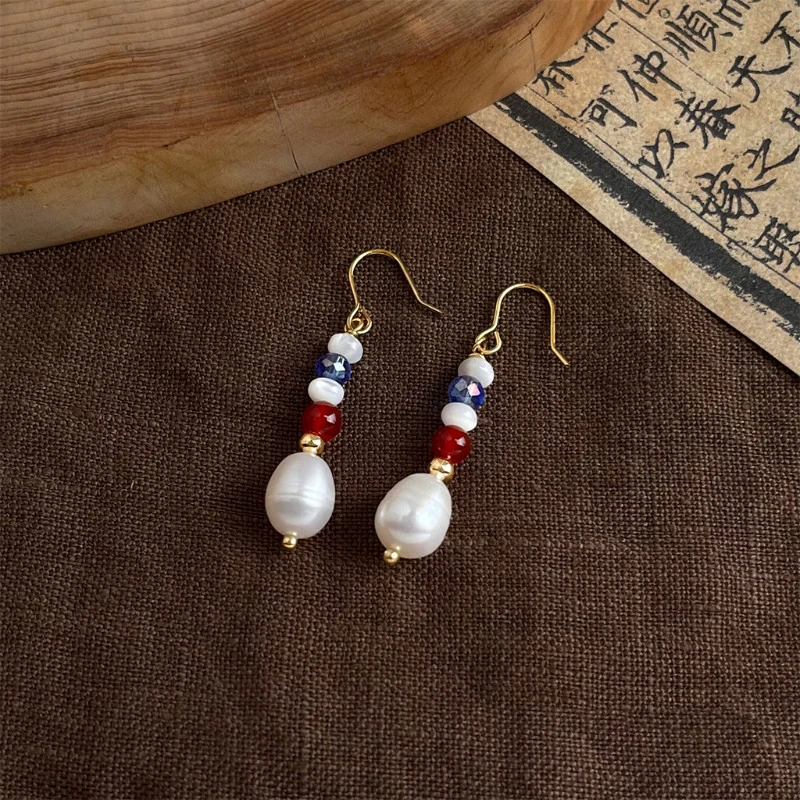 Chinese-style Handmade New Chinese-Style Contrasting Colors Natural Stone Beaded Earrings