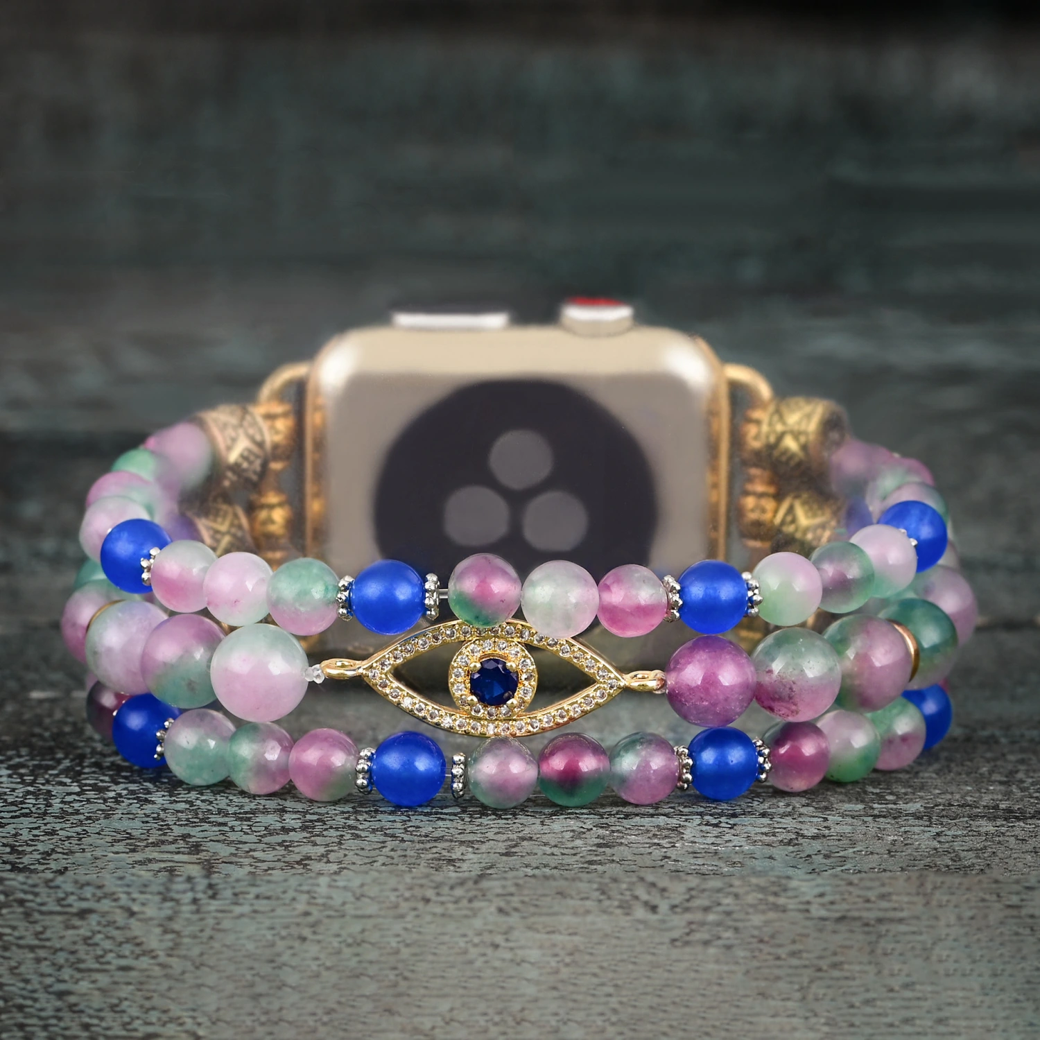 Pink And Blue Large-bead Bracelet-style Elastic Cord Watch Strap Bohemian-style Watch