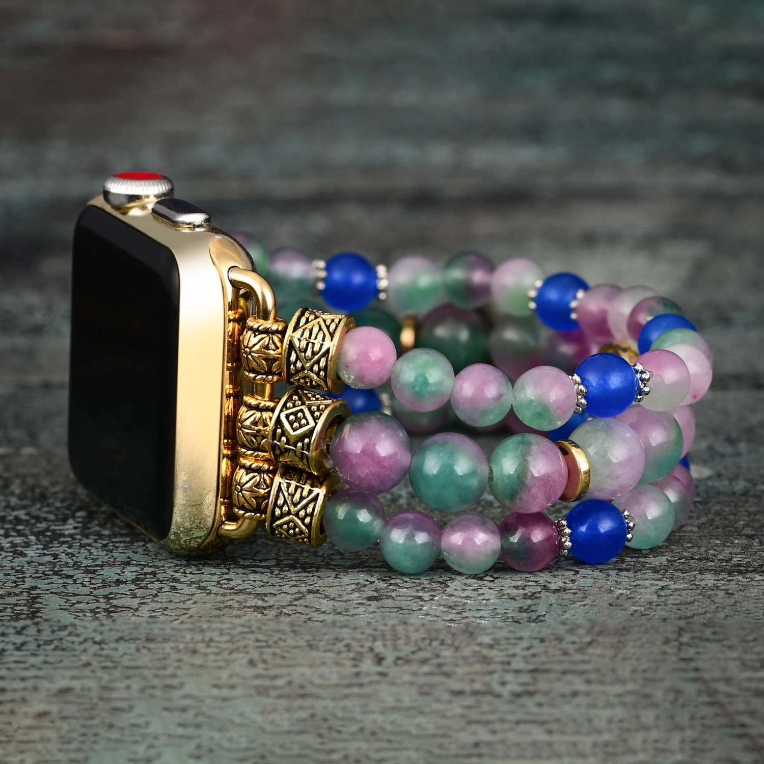 Pink And Blue Large-bead Bracelet-style Elastic Cord Watch Strap Bohemian-style Watch