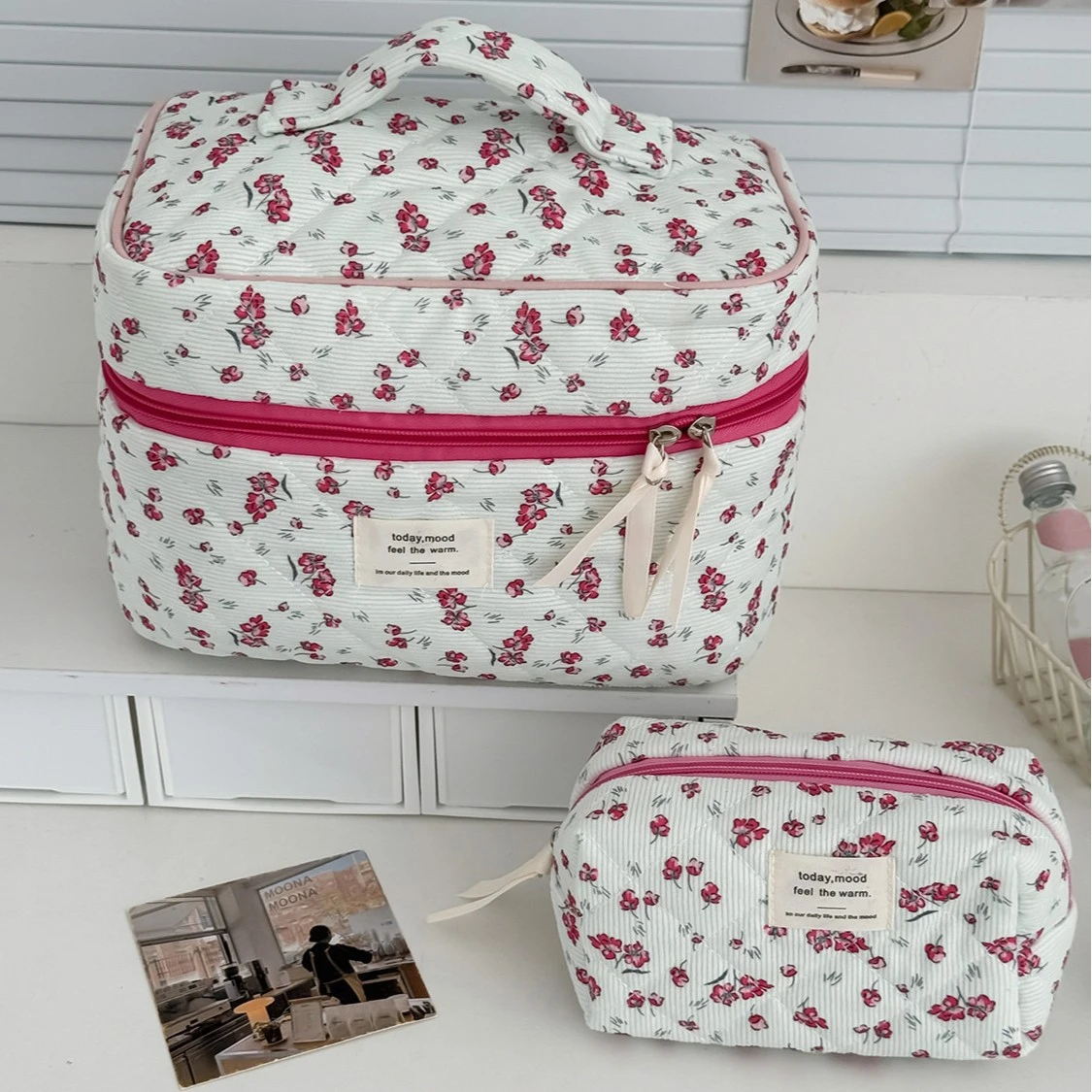 New Corduroy Green Floral Makeup Bag