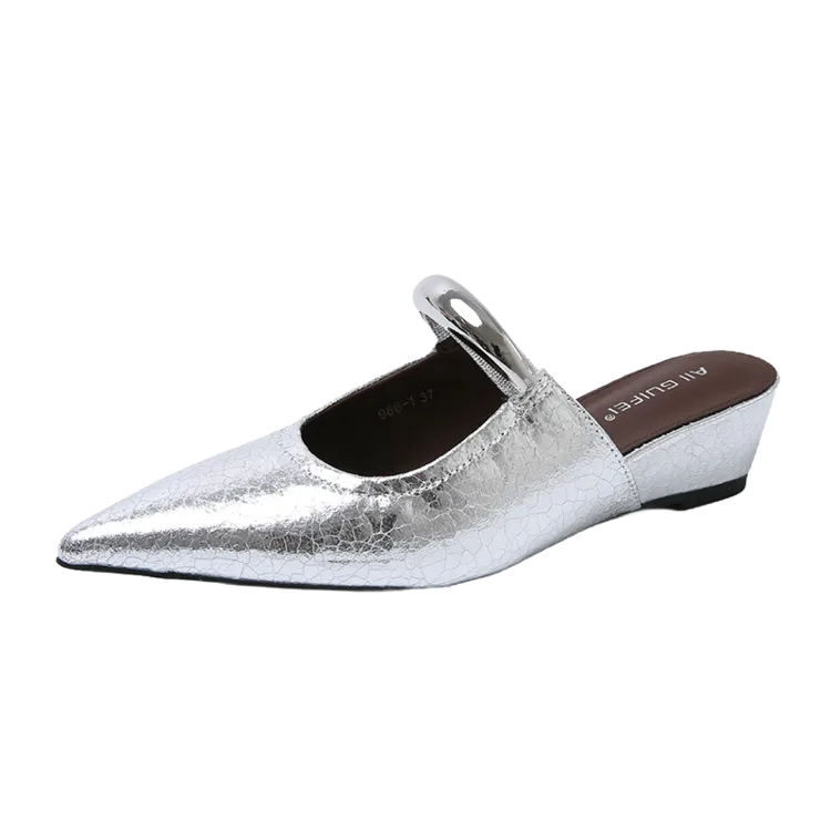 Elegant Pointed Toe Metal One-Strap Mules 2025 Summer New Wedge Heel Platform Sandals For Women