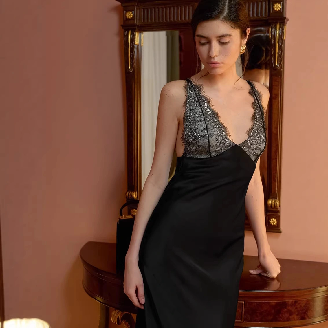 New French-style Lace-and-satin Patchwork Dress