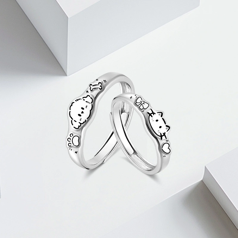 S999 Pure Silver Original KT Cat  Graffiti Ring, Cute Cartoon Niche Couple Rings, Simple Band Rings