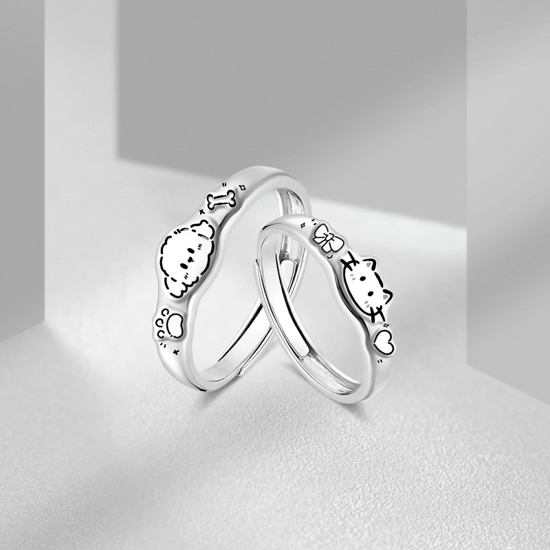 S999 Pure Silver Original KT Cat  Graffiti Ring, Cute Cartoon Niche Couple Rings, Simple Band Rings