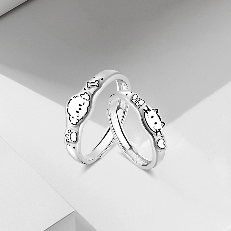 S999 Pure Silver Original KT Cat  Graffiti Ring, Cute Cartoon Niche Couple Rings, Simple Band Rings