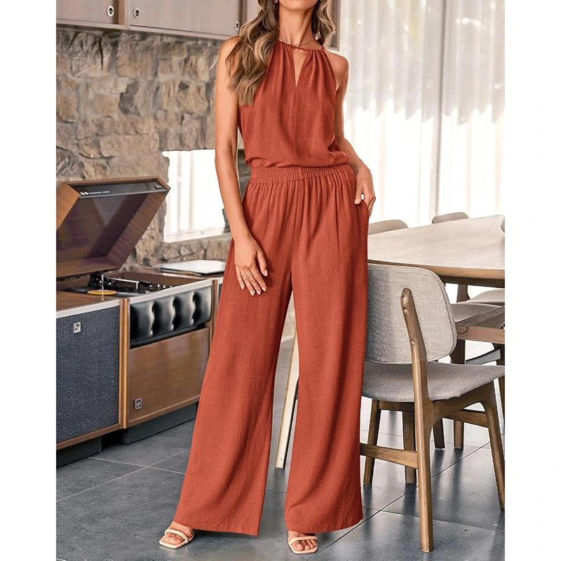 Hollow-out Halter Top And Wide-leg Pants Fashionable Casual Cotton-Linen Set