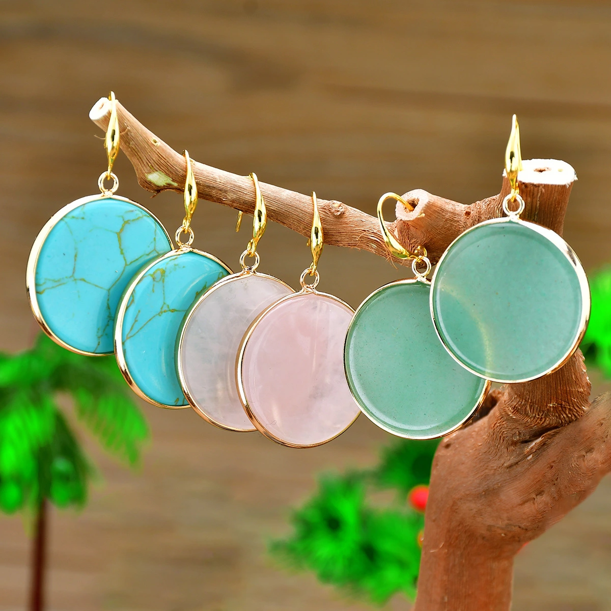 Round Natural Stone Pendant Earrings For Women