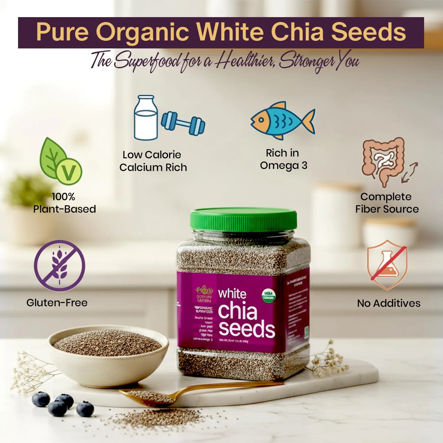 Golden Crown Organic White Chia Seeds - Gluten Free, Non GMO, Kosher & Vegan Chia Seeds Organic - Mild Flavor Suitable for Chia Puddings, Smoothies, Baking, Oatmeal, Yogurt, Sauces & Everyday Cooking, 24 Oz (1.5 Lb)