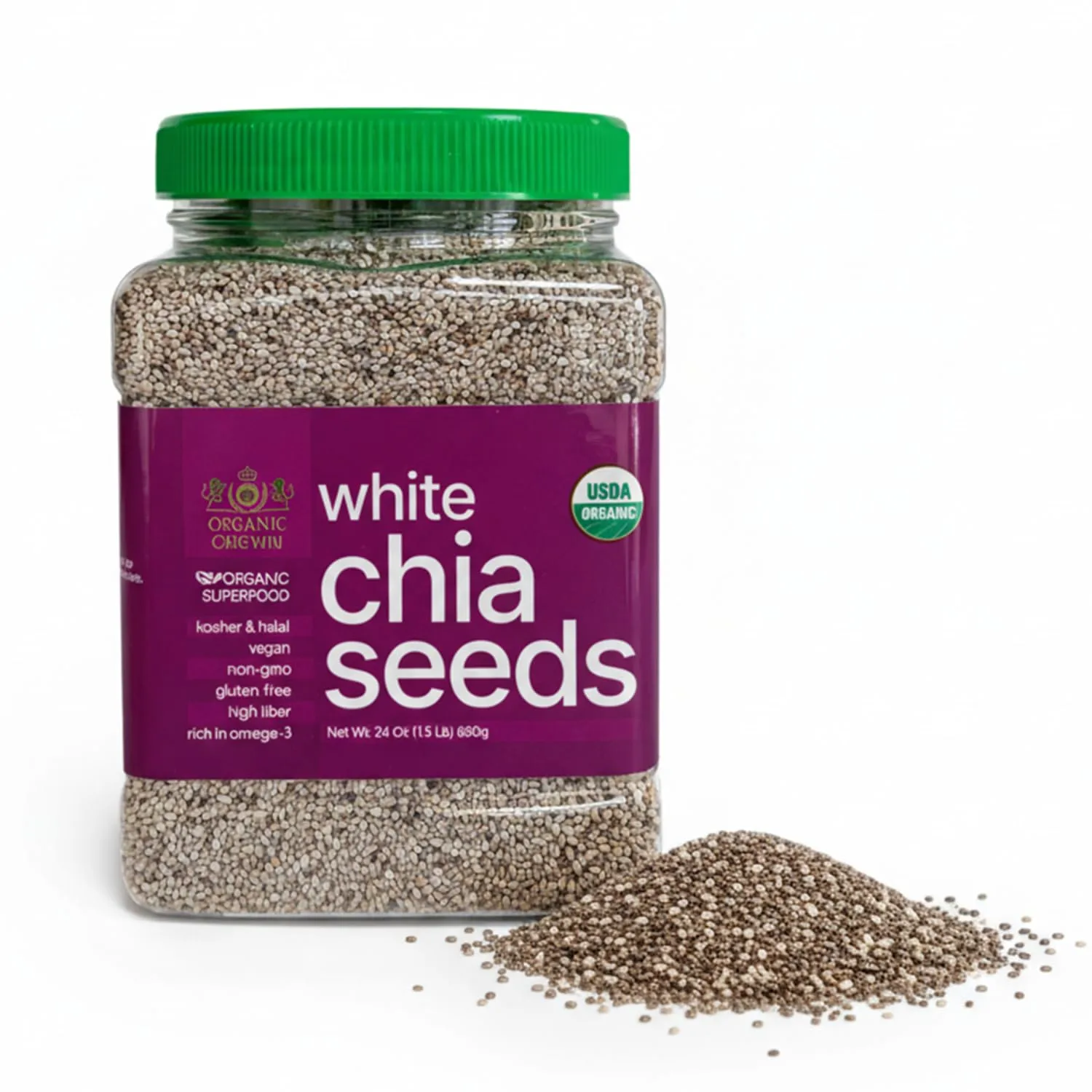 Golden Crown Organic White Chia Seeds - Gluten Free, Non GMO, Kosher & Vegan Chia Seeds Organic - Mild Flavor Suitable for Chia Puddings, Smoothies, Baking, Oatmeal, Yogurt, Sauces & Everyday Cooking, 24 Oz (1.5 Lb)