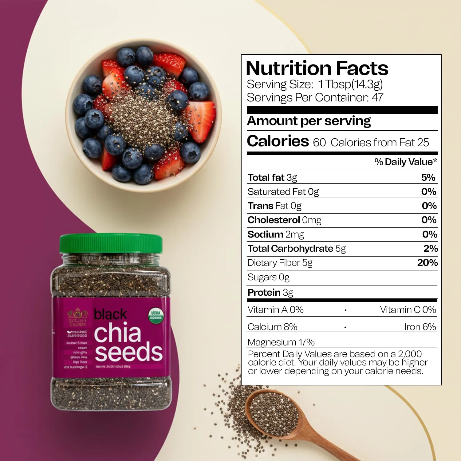 Golden Crown Black Chia Seeds Organic - Gluten-Free Superfood | Rich in Omega-3 & Fiber | Keto Friendly Organic Chia Seeds | Perfect For Chia Pudding, Smoothies, Salads, Baking & More, 24 Oz (1.5 Lb)