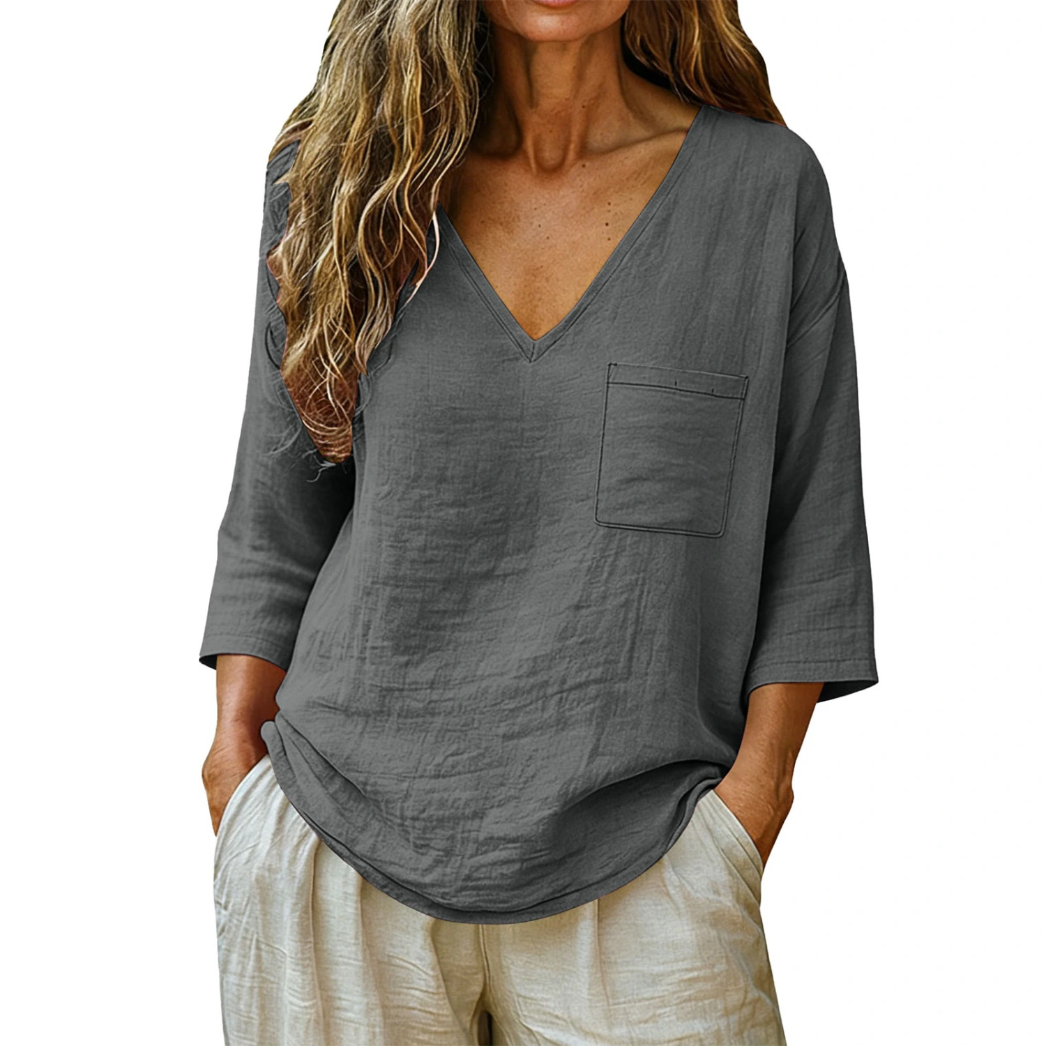 Women's Casual Loose Fashion Cotton-Linen V-Neck Top