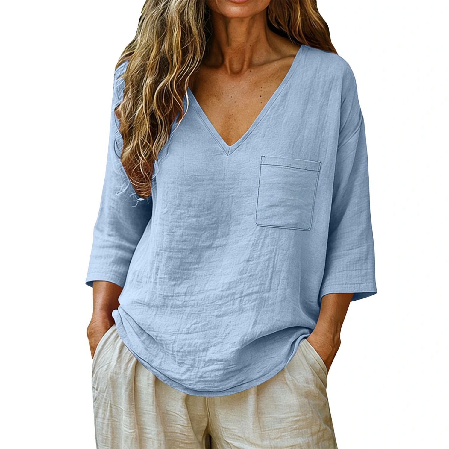 Women's Casual Loose Fashion Cotton-Linen V-Neck Top