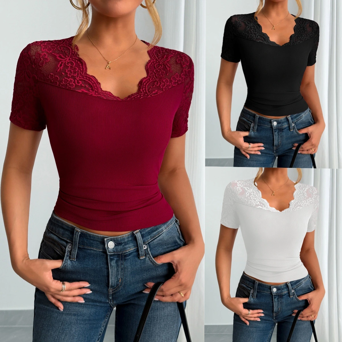 Neckline Cuff Stitching Lace Clothes Spring Women