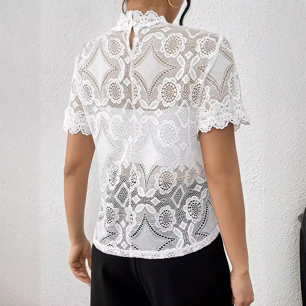 Womens White Lace-panel Trim Top