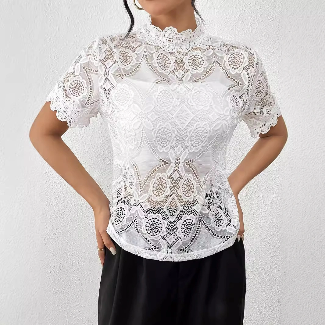 Womens White Lace-panel Trim Top