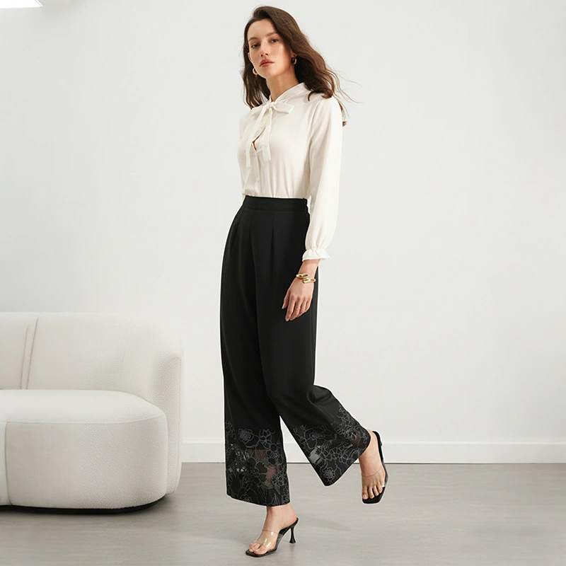 Solid-color Sheer Lace-panel Straight-leg Pants For Women