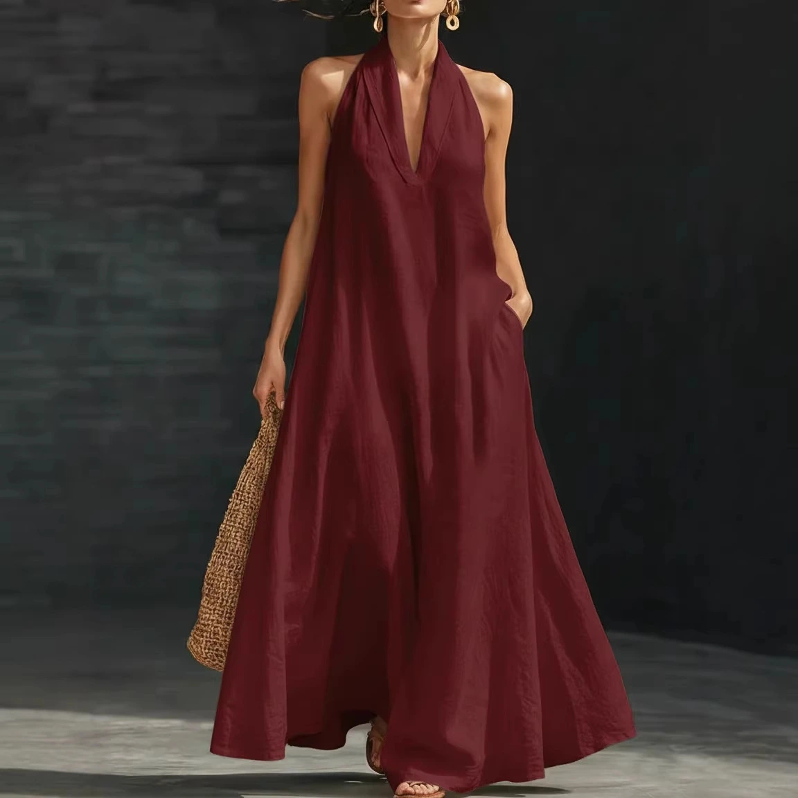 Casual V-neck Dress Halter Style Long Dress For Women's Casual Solid Color A-line Dress For Daily Wear