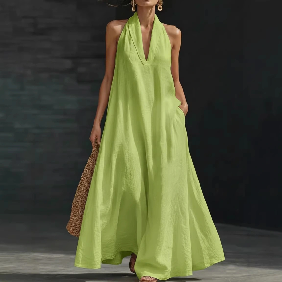Casual V-neck Dress Halter Style Long Dress For Women's Casual Solid Color A-line Dress For Daily Wear