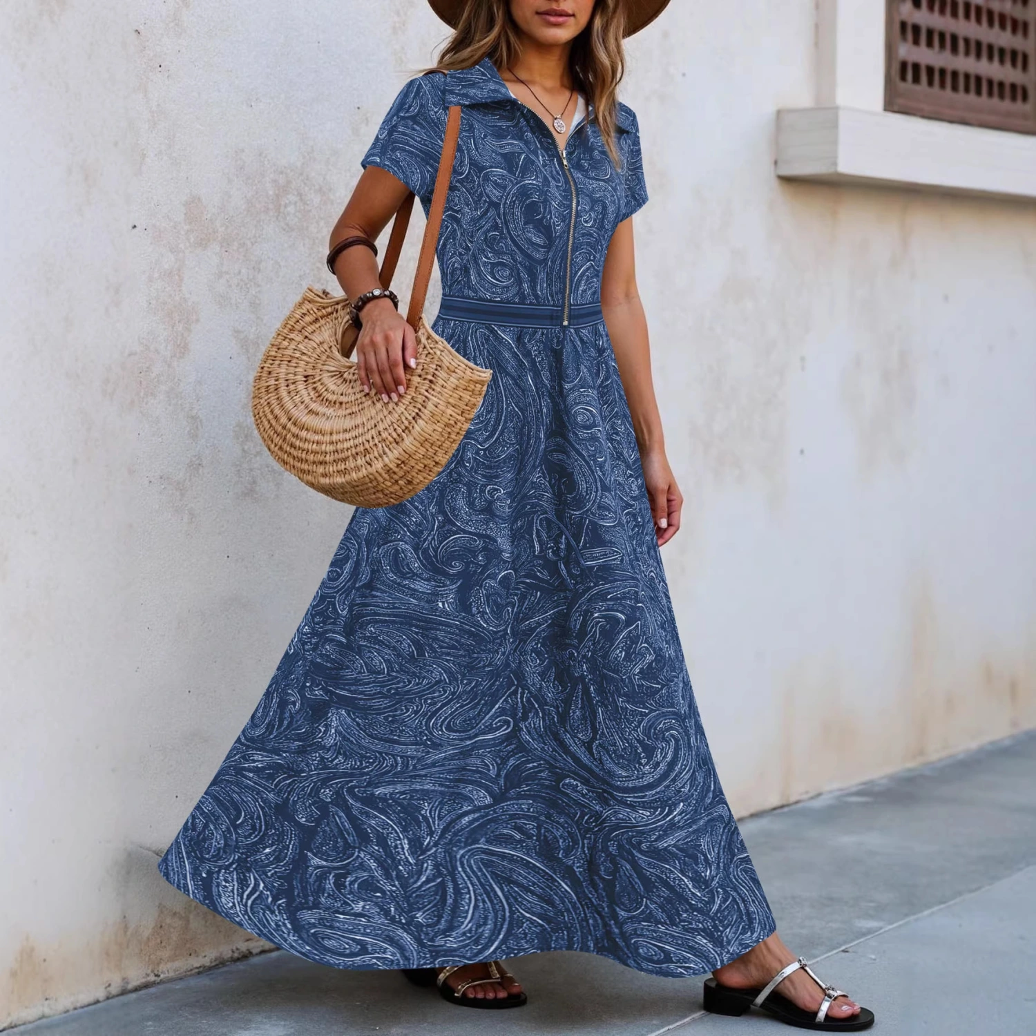 Printed Lapel Collar Defined Waist A-Line Maxi Dress