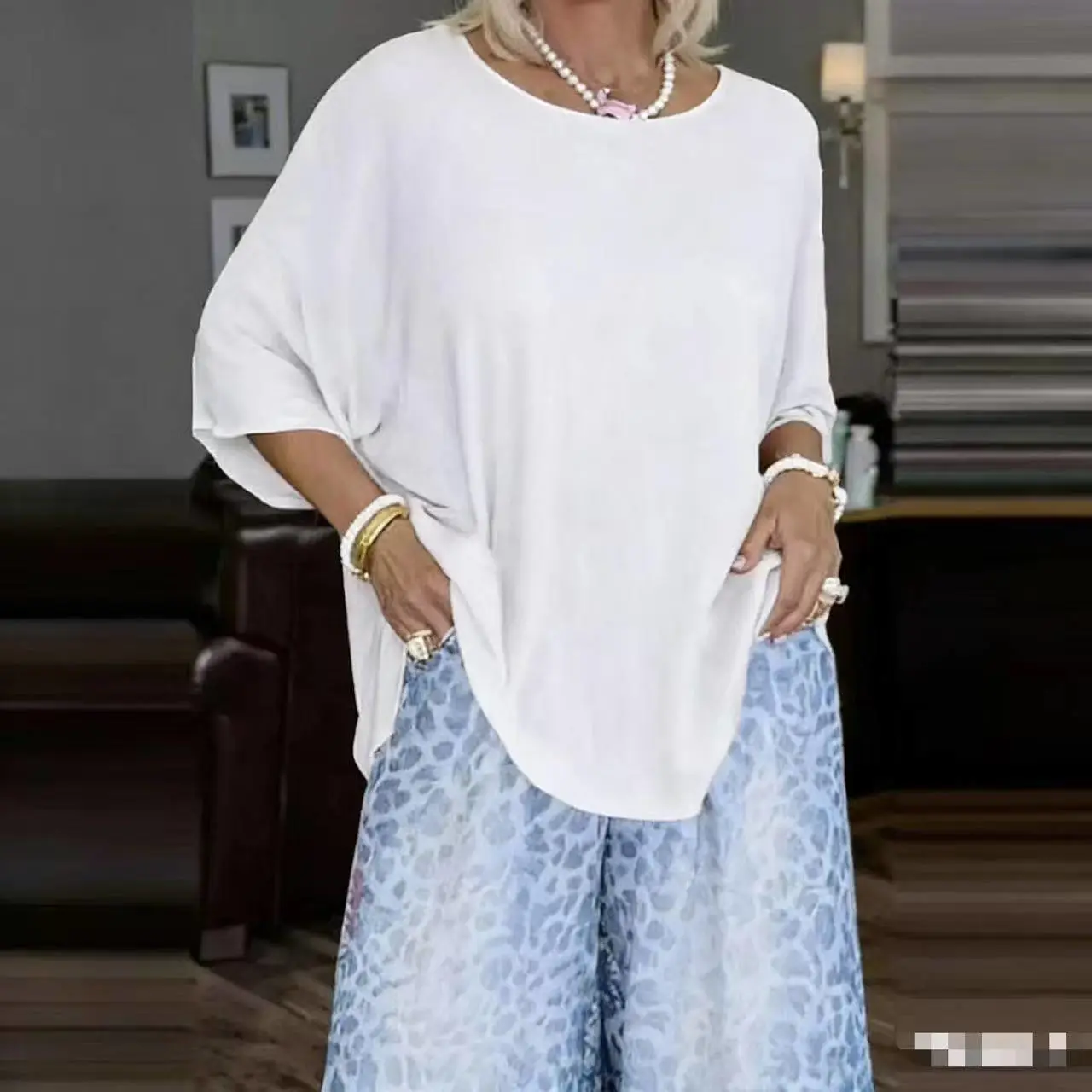 Womens Fashionable Loose Top And Wide-Leg Pants Two-Piece Set