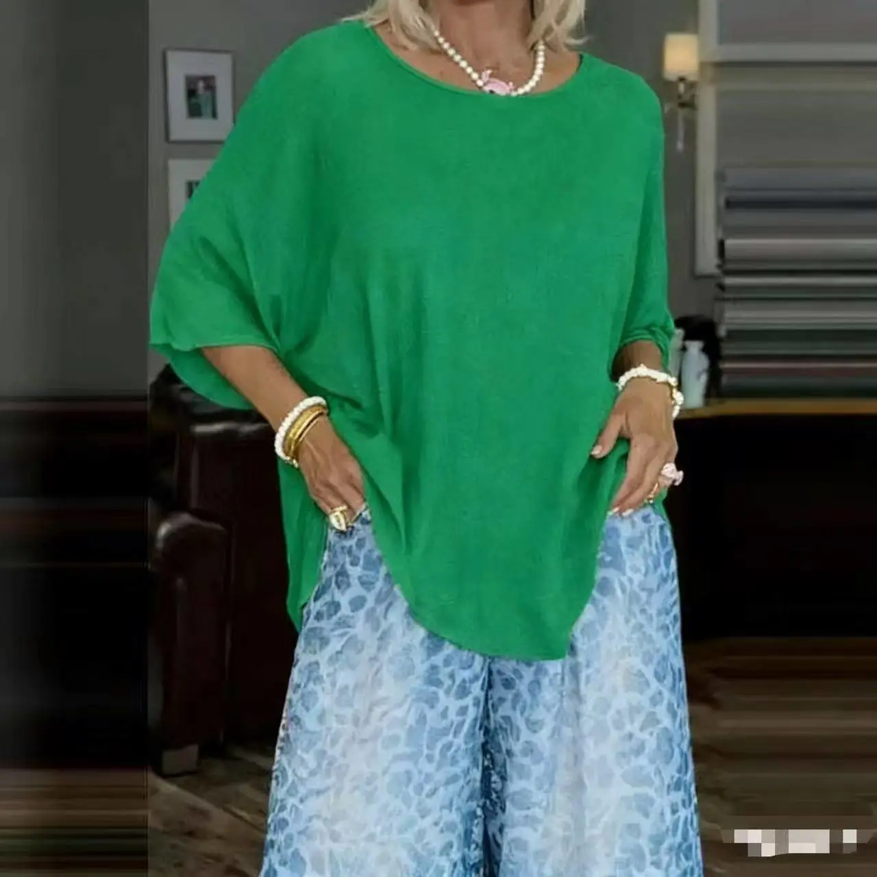 Womens Fashionable Loose Top And Wide-Leg Pants Two-Piece Set