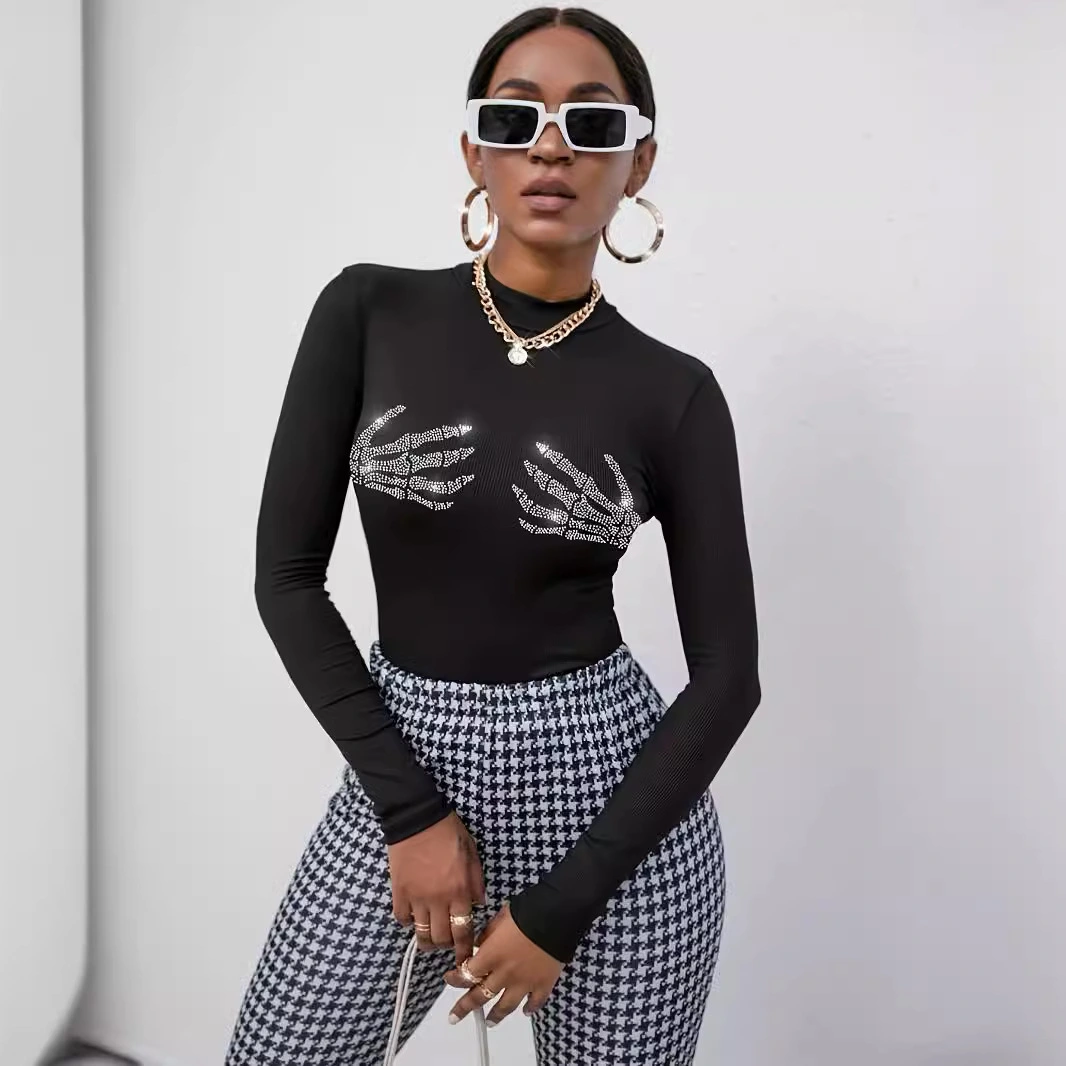 Rib Knitted Skull Rhinestone Top