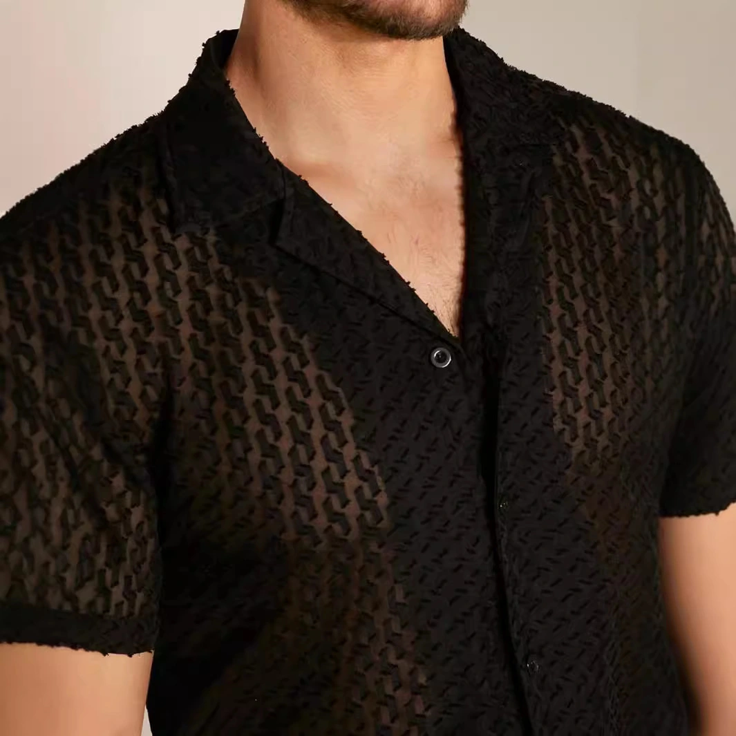 New Men's Hollow Jacquard Casual Slim Shirt