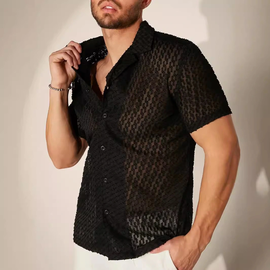 New Men's Hollow Jacquard Casual Slim Shirt