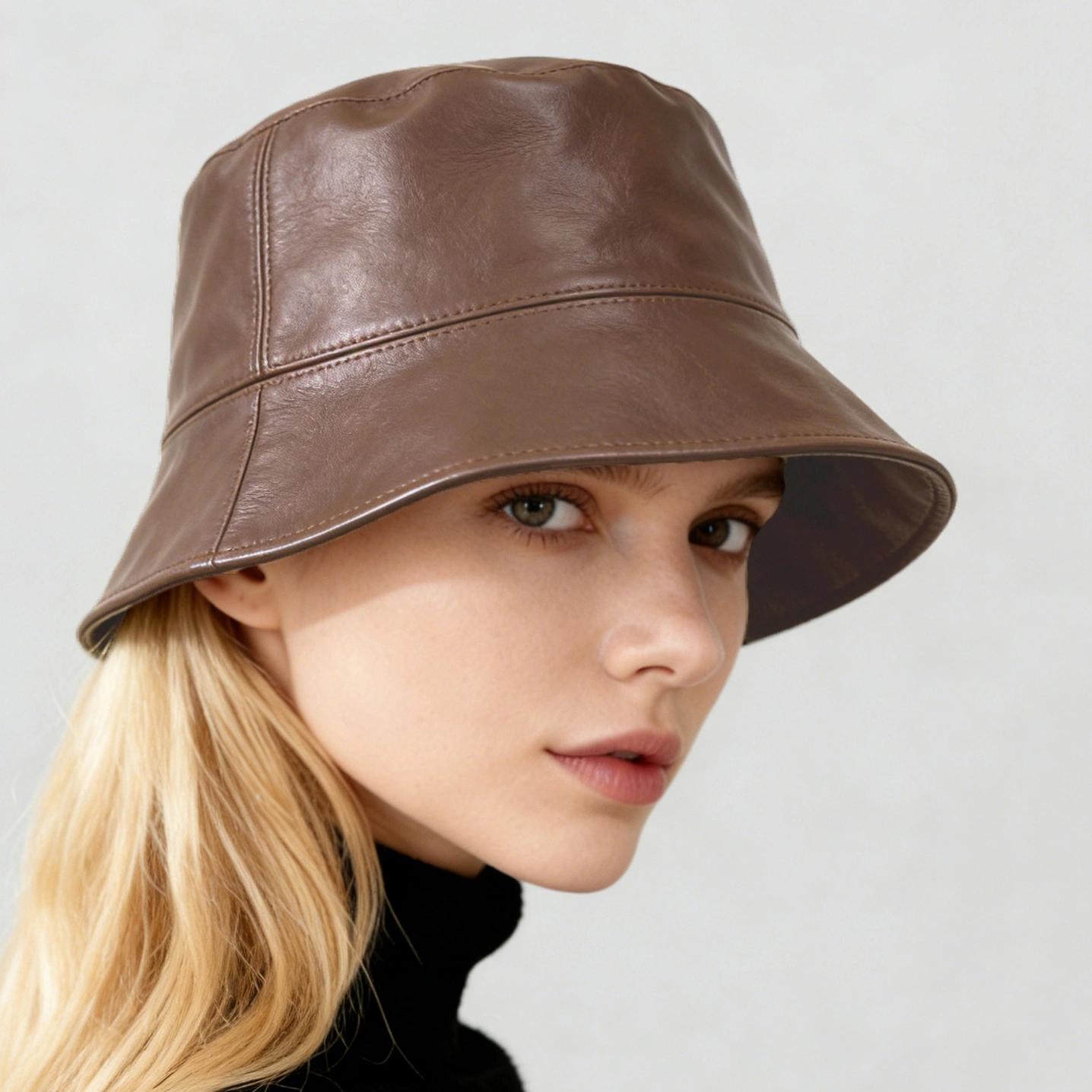 Retro Fashion Solid-color PU Fisherman Hat, Classic And Versatile, With A Flat Top. Suitable For Daily Commuting And Outdoor Wear.