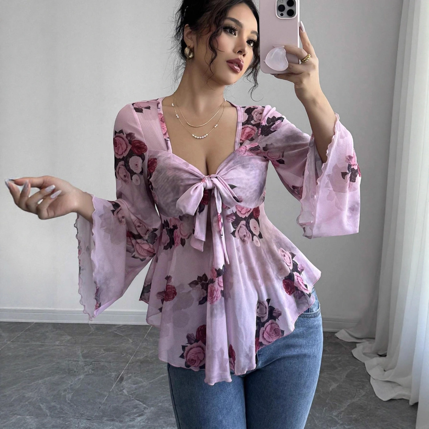 Women's French-style Printed Mesh Elegant Casual Shirt