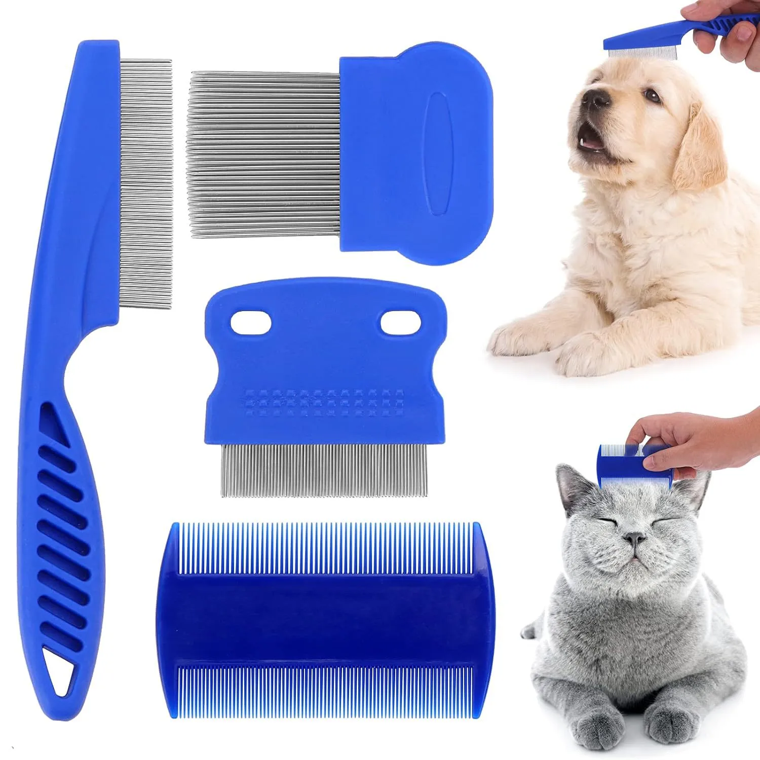 Stainless Steel Dense Gear Blue Pet Flea Comb 4-piece Set