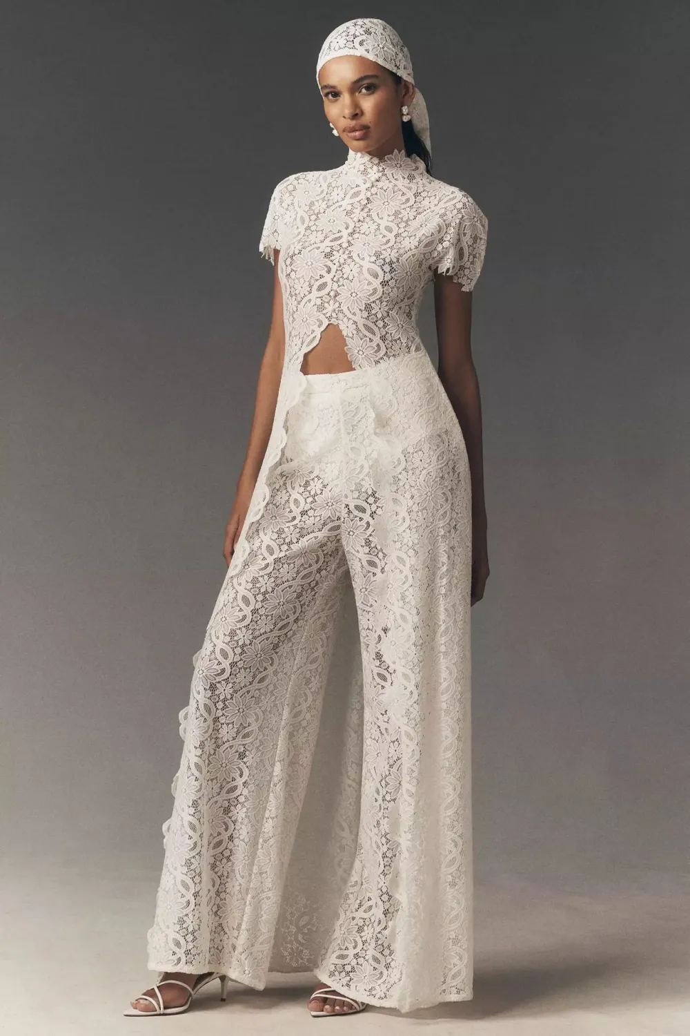 Womens Lace Solid Color Hollow-Out Crew Neck Fashionable Top And Pants Set
