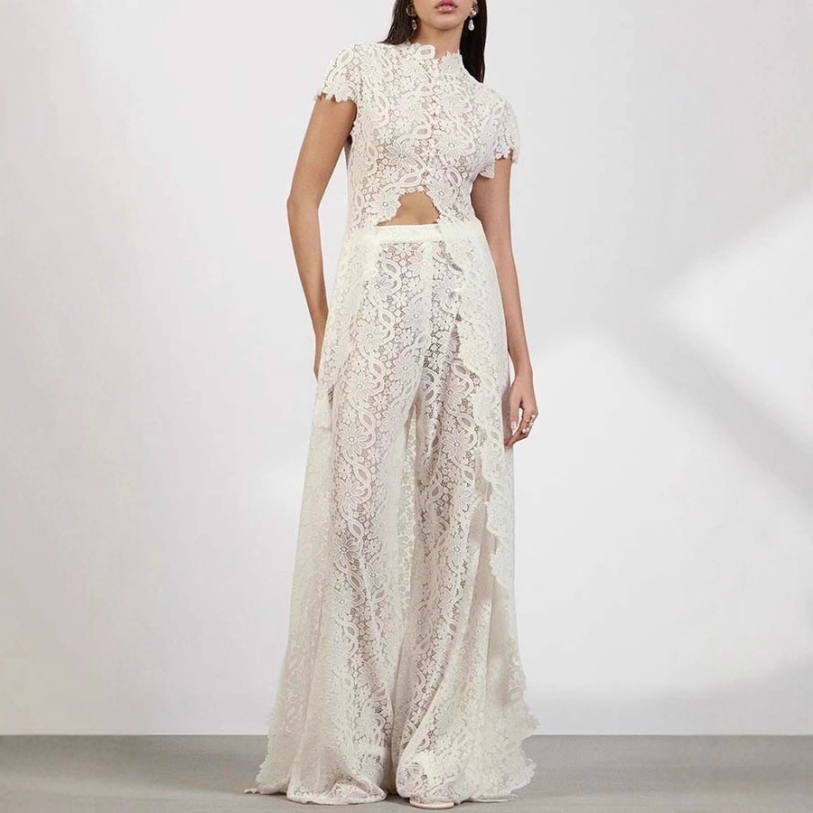Womens Lace Solid Color Hollow-Out Crew Neck Fashionable Top And Pants Set