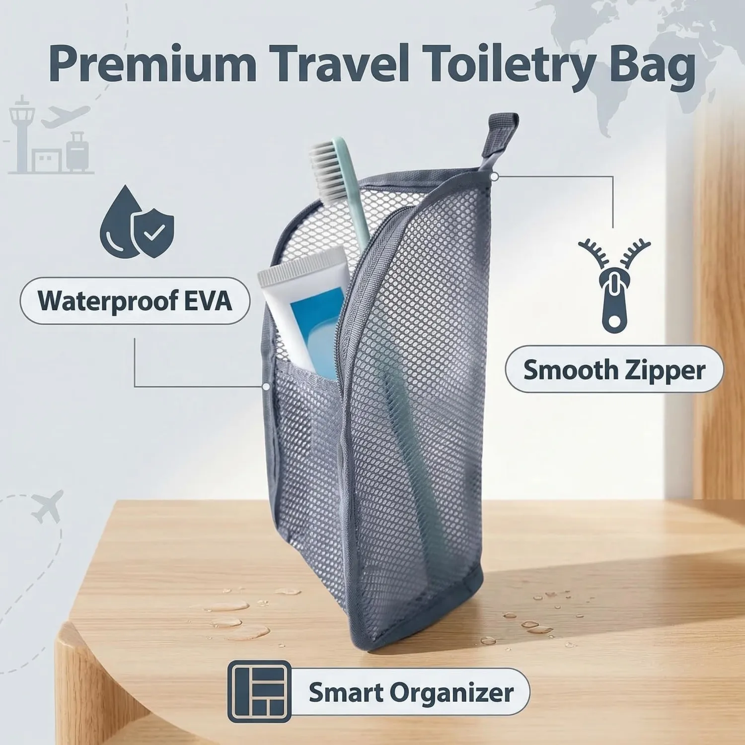 Standing Toiletry Bag, Upgraded Portable Lightweight Travel Toiletry Bag Foldable Clear Hanging Travel, EVA Mesh Large Capacity Cosmetic Waterproof Bag for Travel Organiser Storage (Gray 1Pcs)