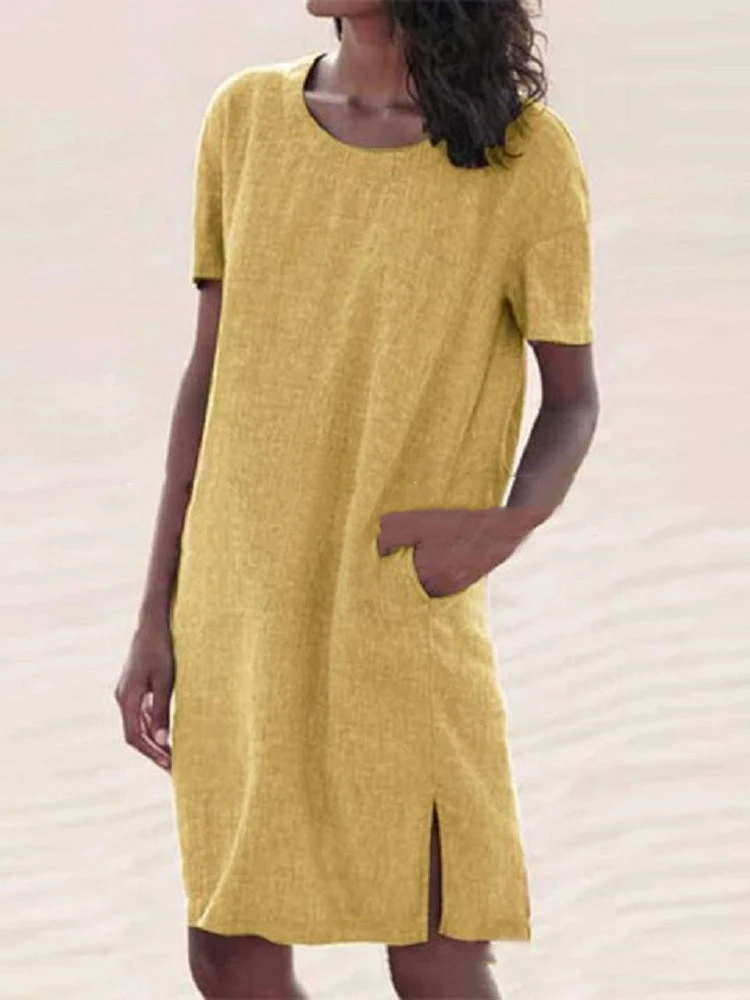 Women's Casual Round Neck Cotton And Linen Slit Dress
