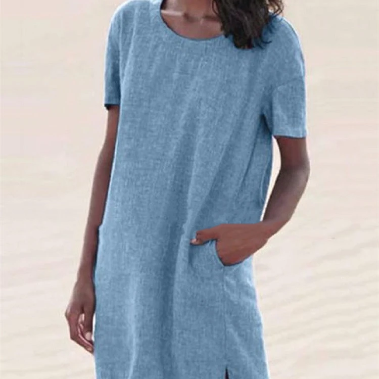 Women's Casual Round Neck Cotton And Linen Slit Dress