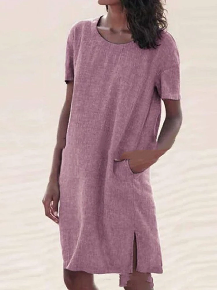 Women's Casual Round Neck Cotton And Linen Slit Dress