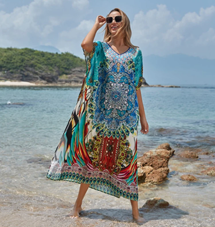 Polyester National Wind Positioning Printed Beach Smock Robe Type Sunscreen Shirt Holiday Dress