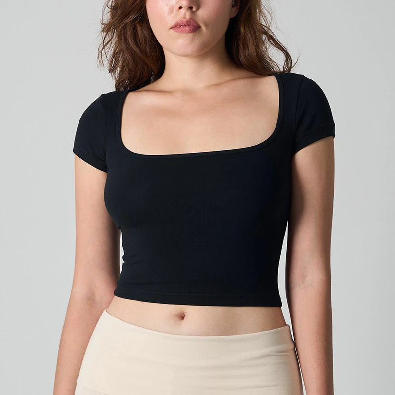 Square-neck Solid-color Cinched-waist Slim-fit Minimalist All-cotton Top