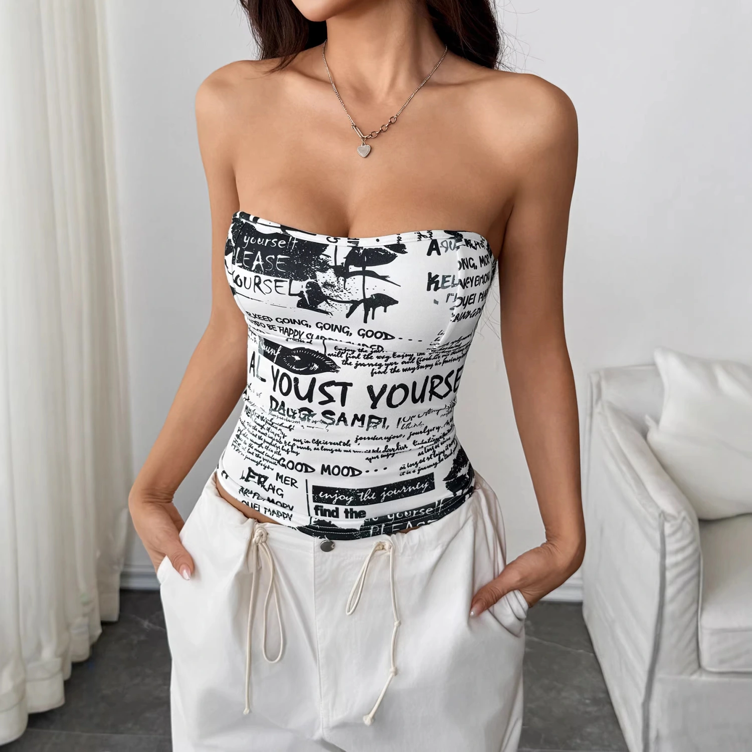 Chest-flattering Waist-defining Womens Digital-print Tube Top Vest