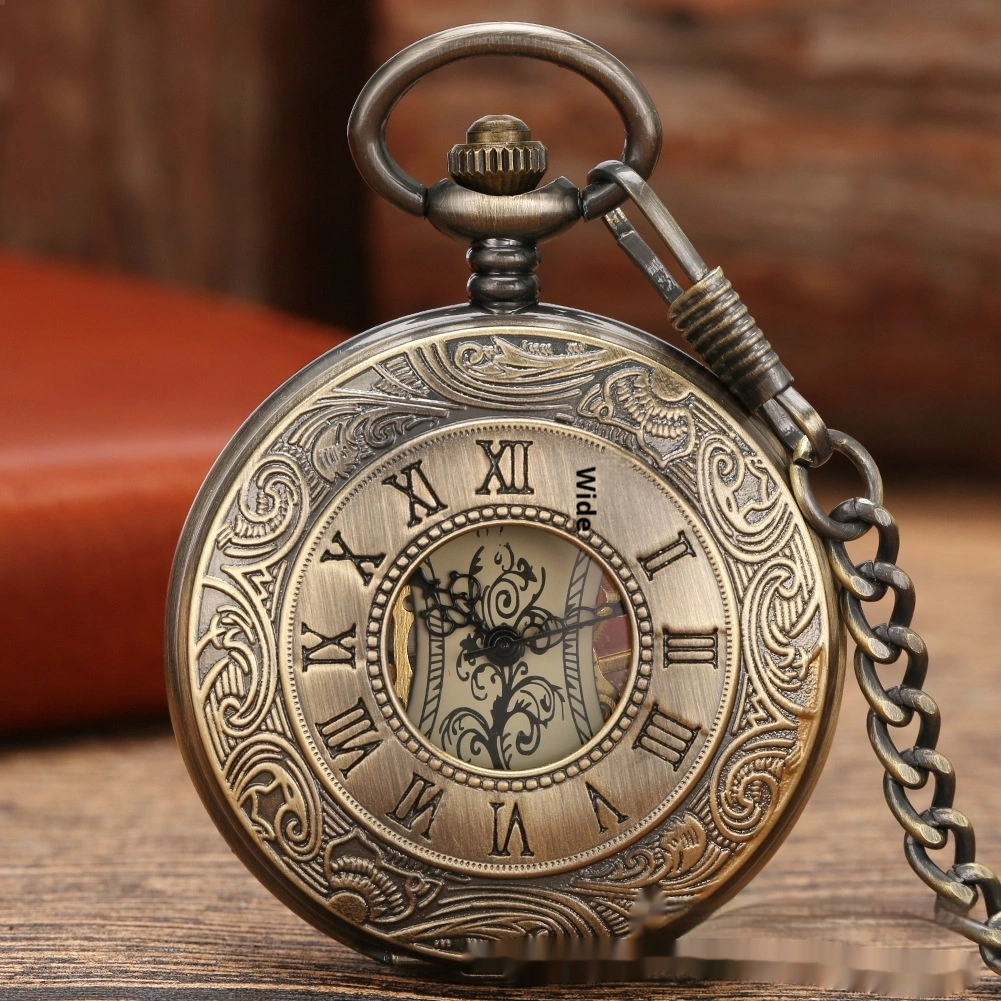 Retro Flip-Open Patterned Dual-Display Pocket Watch