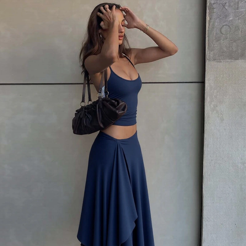 Neck-hanging Camisole And Irregular Solid-color Maxi Dress Two-piece Set For Women