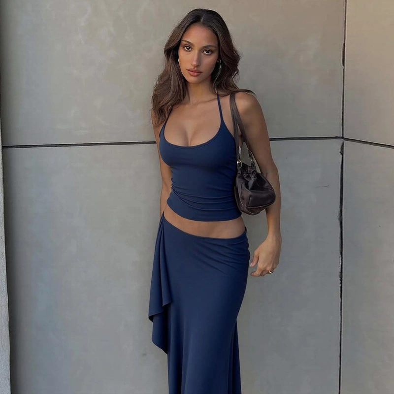 Neck-hanging Camisole And Irregular Solid-color Maxi Dress Two-piece Set For Women