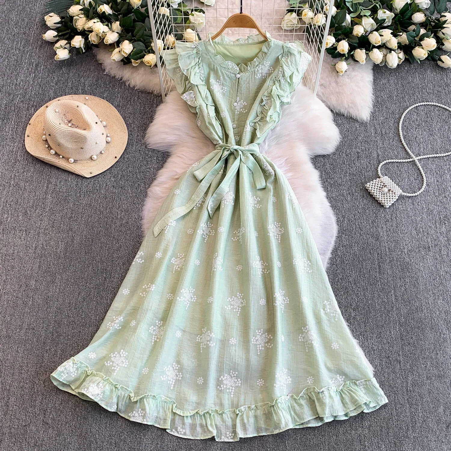 Sweet Ruffled Embroidered Round-Neck Dress Womens SpringAutumn Belted Waist Princess Long Gown