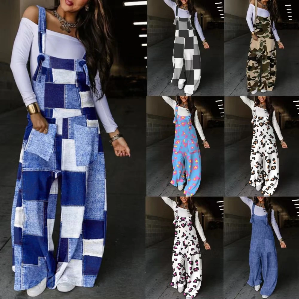 Autumn Printed Defined-Waist Lace-Up Jumpsuit Trousers For Women